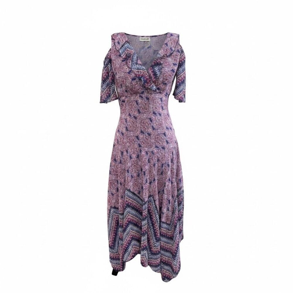 Rabbit Rabbit Rabbit Designs Boho Paisley Cold Shoulder Ruffle Midi Dress Size 8